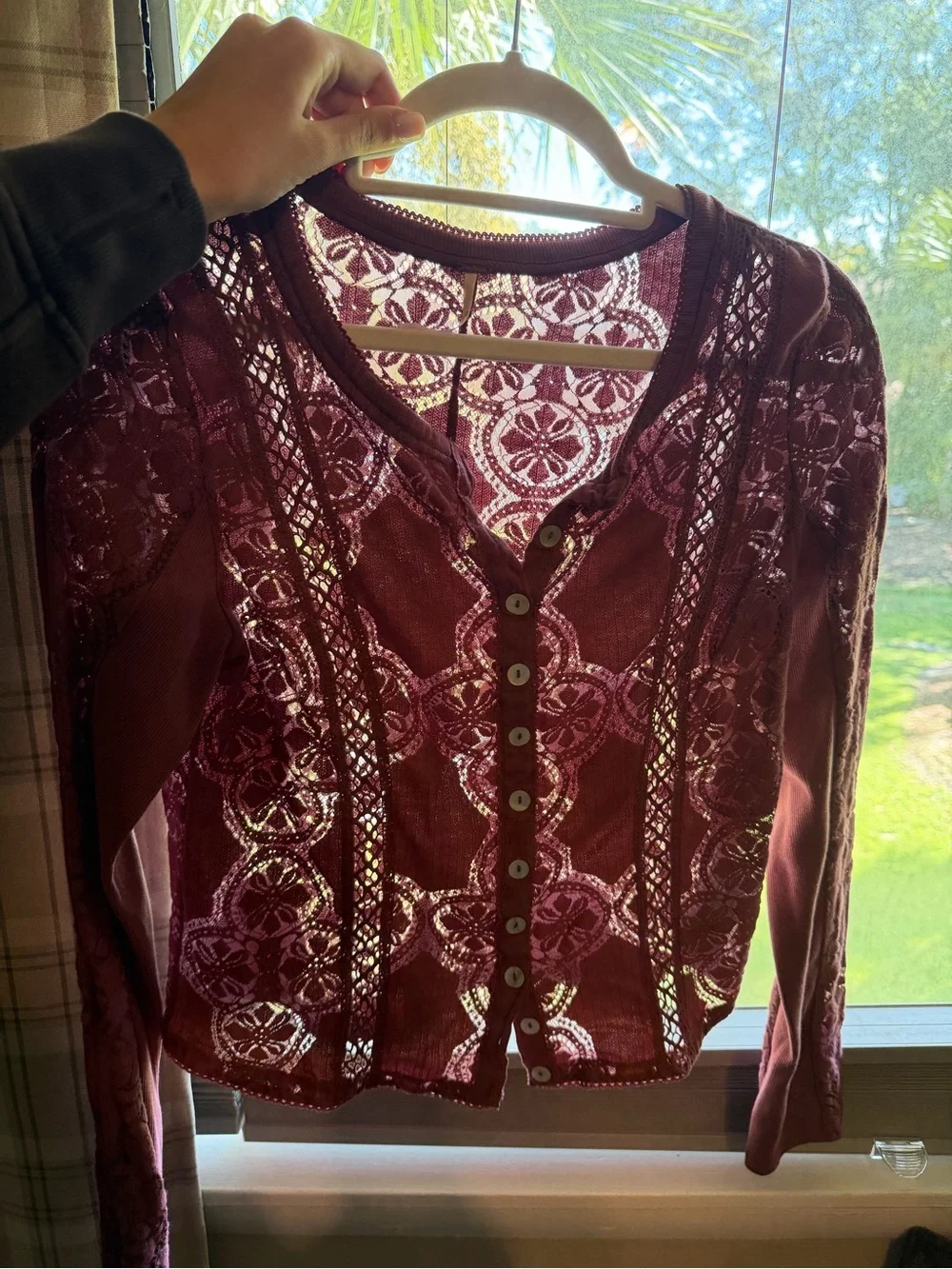 Free People Jae Sheer Lace Knit Long Sleeve Top, M in Crushed Berry